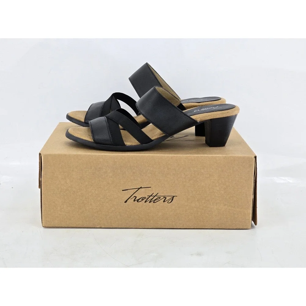 Trotters Maxine Sandals Women 9 W Black Leather Strappy Block Heel - NEW